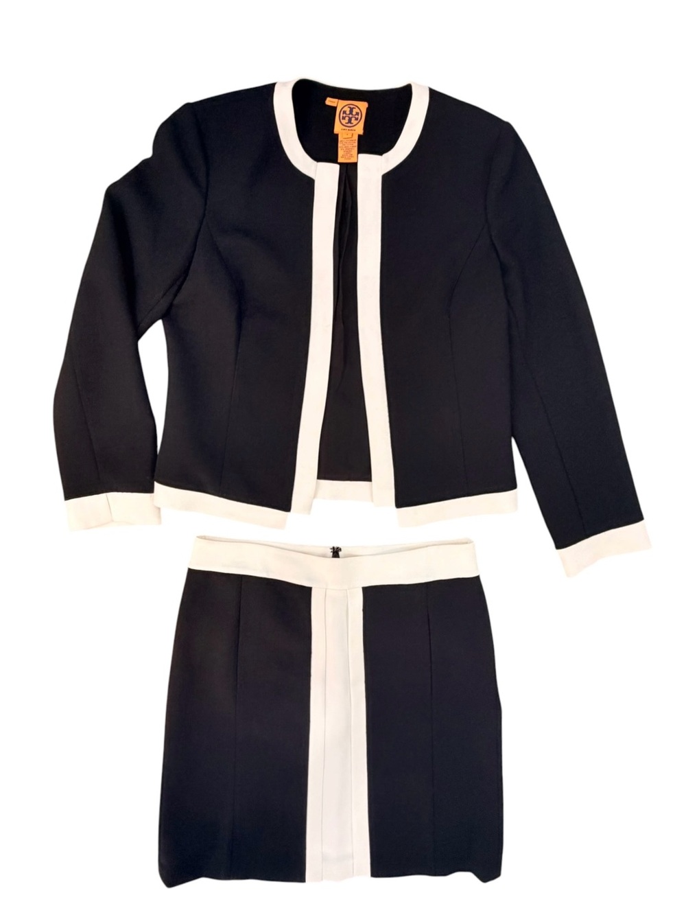 Tory Burch Black & White Colorblock Collarless Jacket & Skirt Suit Set Size 8